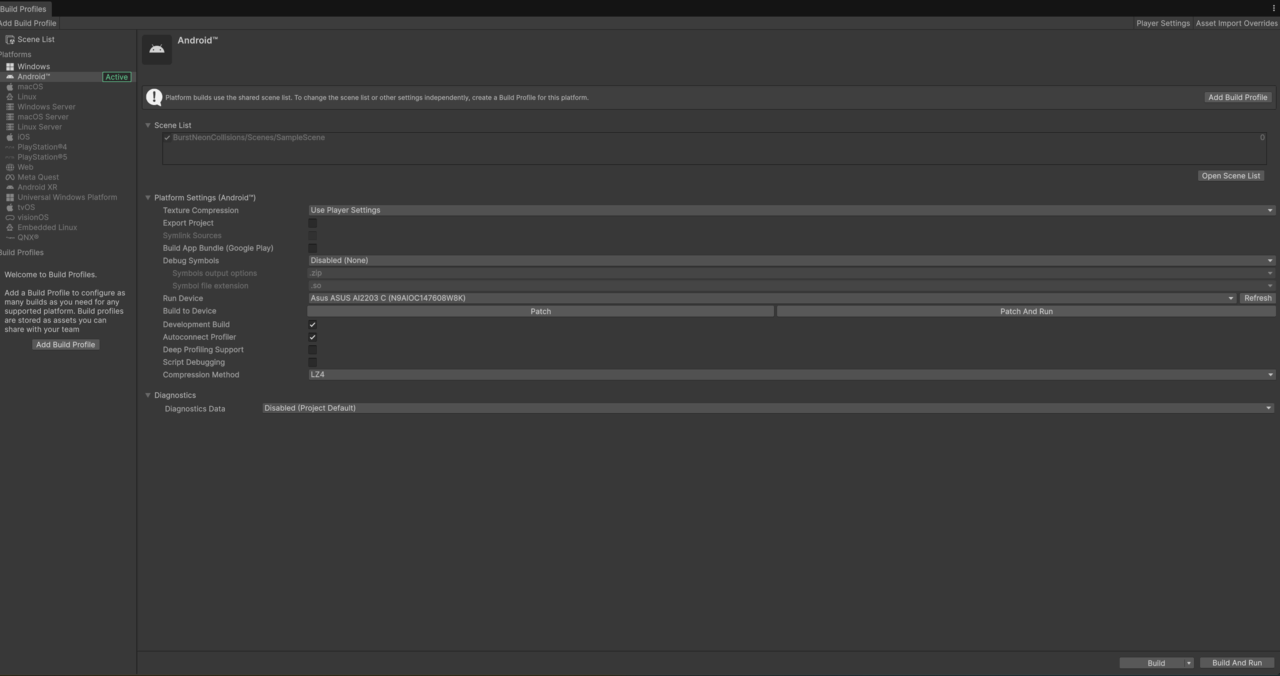 Image Alt Text:Build settings to autoconnect profiler