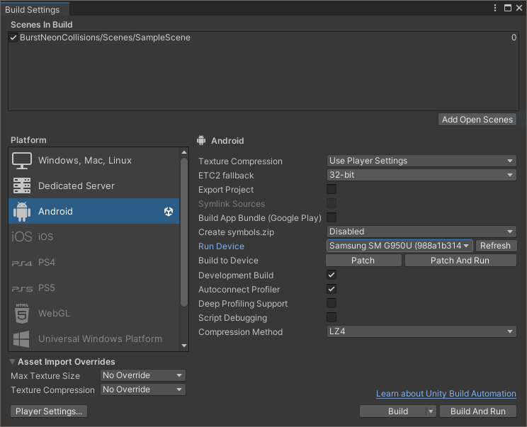 Image Alt Text:Build settings to autoconnect profiler