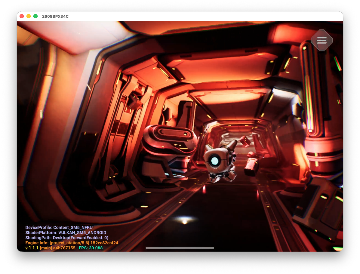 Image Alt Text:Project Moku showing a robot in a red-lit science-fiction corridor in a scrcpy window, with the Content_SM5_NFRU device profile displayed in the debug overlay
