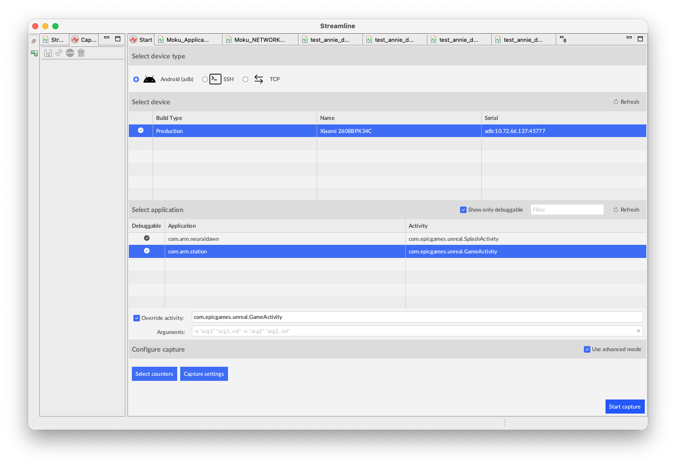 Image Alt Text:Streamline Start view with an example application selected, Override activity enabled, an empty Arguments field, and advanced capture controls visible
