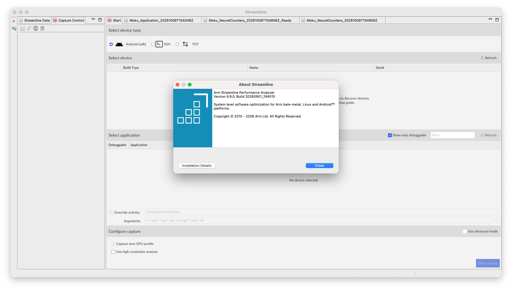 Image Alt Text:About Streamline dialog showing version 9.9.0 over the Start view, with Android (adb) selected and no device selected