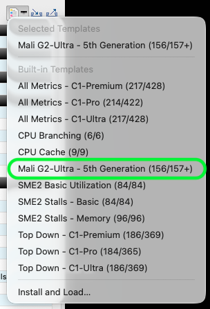 Image Alt Text:Streamline template menu with Mali G2-Ultra - 5th Generation highlighted