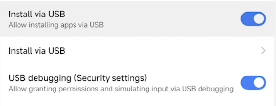 Image Alt Text:Xiaomi Developer options with USB debugging (Security settings) enabled, allowing permission grants and simulated input through ADB