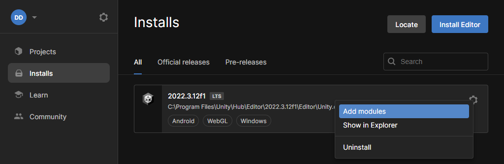 Image Alt Text:Unity Hub Installs