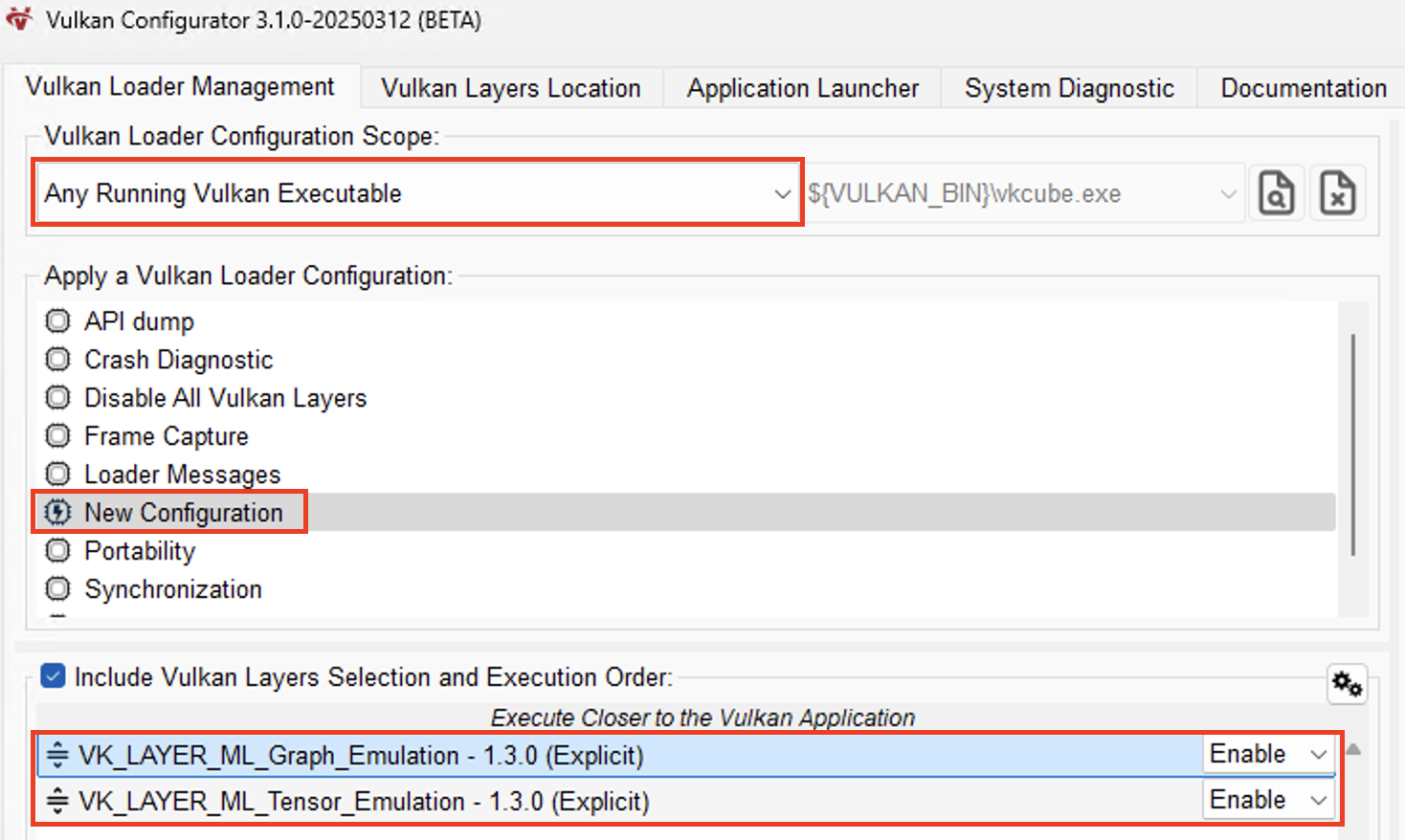 Image Alt Text:Screenshot showing the Graph layer listed above the Tensor layer in the Vulkan Configurator. alt-text