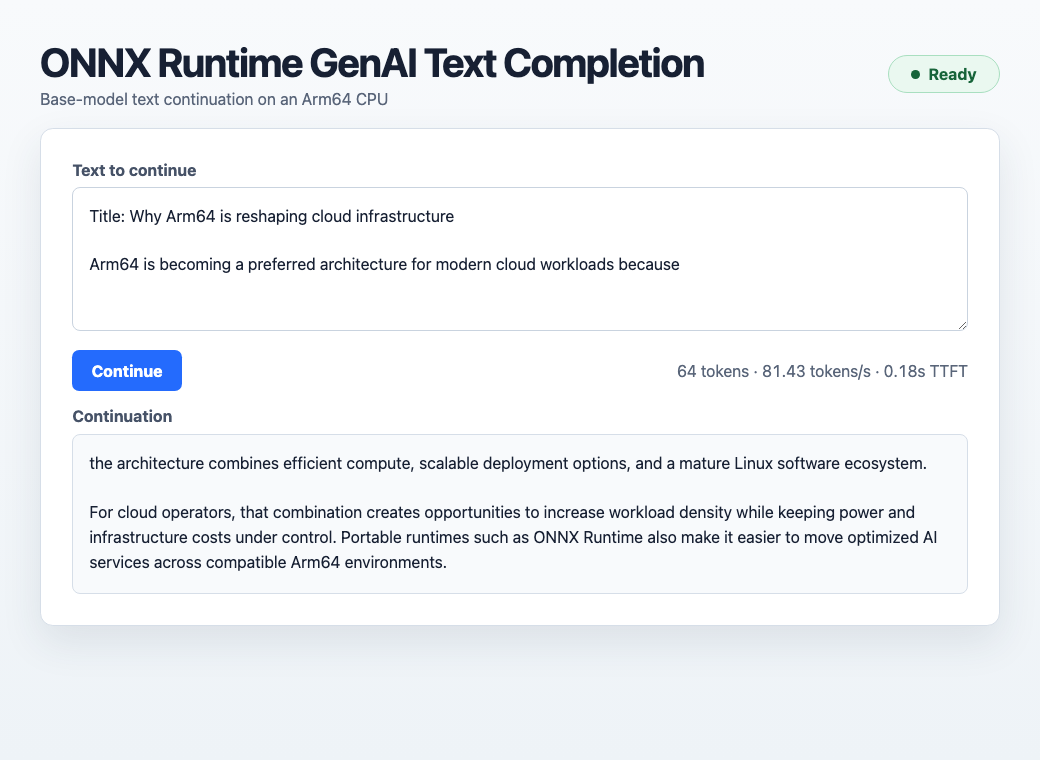 Image Alt Text:ONNX Runtime GenAI text-completion interface showing an unfinished Arm64 article, generated continuation, Ready status, token count, throughput, and time-to-first-token metrics