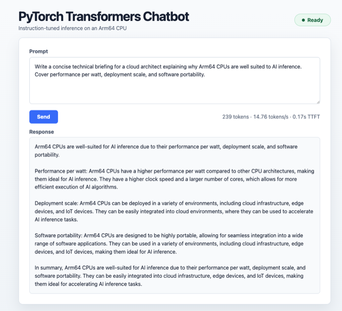 Image Alt Text:PyTorch Transformers chatbot running an instruction-tuned model through a generated adapter on an Arm64 CPU. The interface reports a ready state and displays streamed text with token throughput and time-to-first-token metrics.