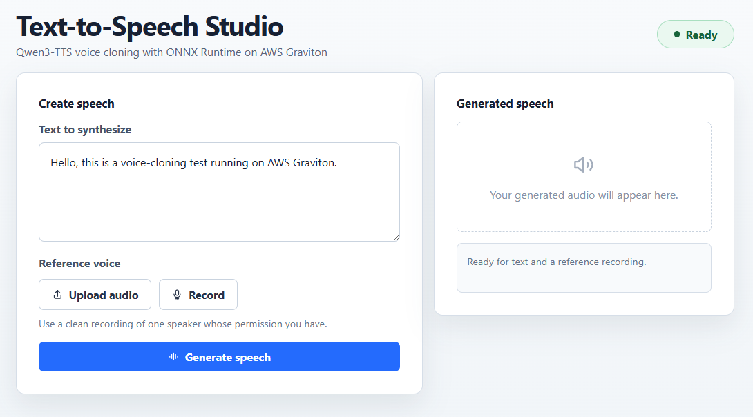 Image Alt Text:Screenshot of the Text-to-Speech Studio browser application in its ready state, showing the text input, Upload audio, Record, and Generate speech controls, with an empty Generated speech panel awaiting input