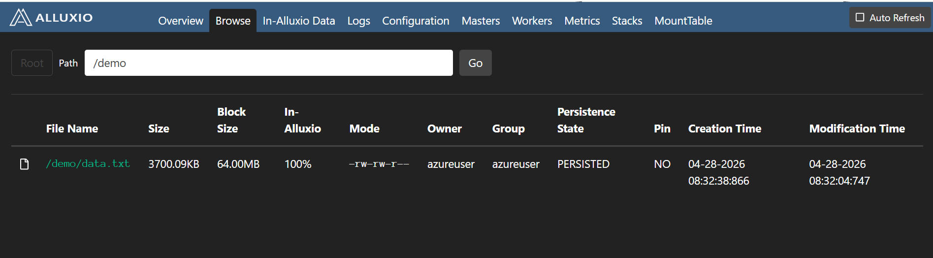Image Alt Text:Alluxio data browser showing cached files and directories. Look for the dataset you loaded through Spark to confirm that cached data is now visible in the Alluxio namespace.