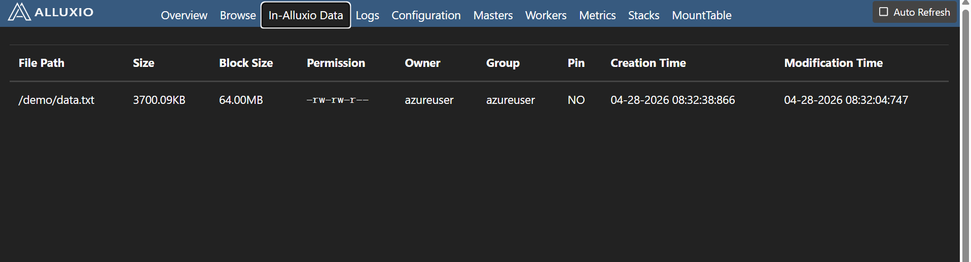 Image Alt Text:Alluxio Web UI showing cluster load and worker resource usage during the Spark job. Check for active worker memory usage and cluster activity after running the caching steps.