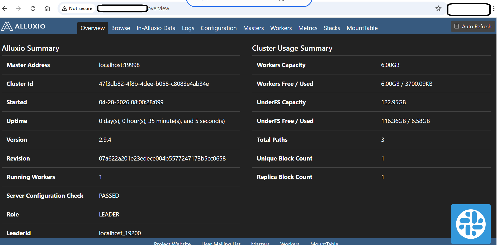 Image Alt Text:Alluxio Web UI showing the cluster summary and worker status on the Azure Cobalt 100 virtual machine. Check that the leader is active, worker memory is in use, and cluster health is reported correctly before moving to the next step.