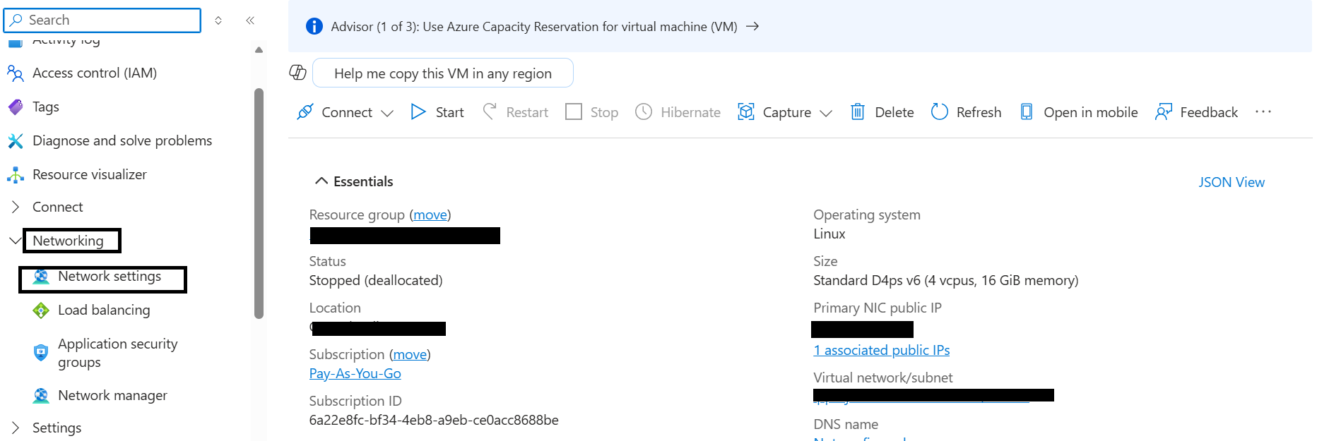 Image Alt Text:Azure Portal Networking page showing the network settings linked to the virtual machine. Use this entry to reach the Network Security Group settings for the inbound rule.