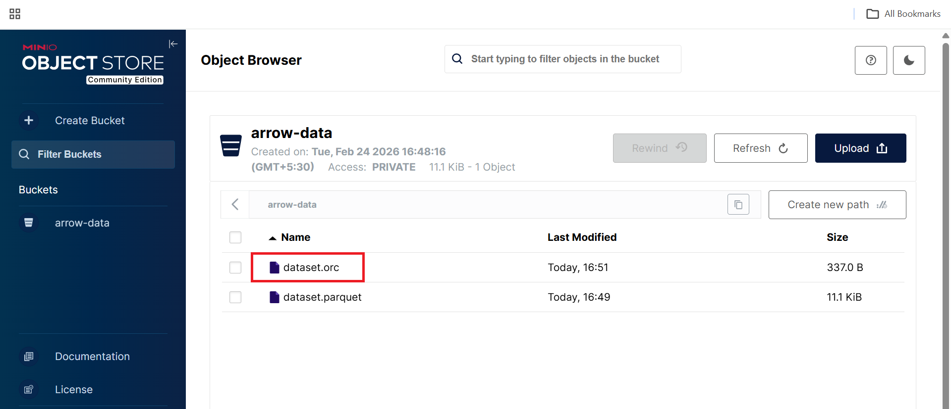Image Alt Text:MinIO object browser showing dataset.orc stored inside the arrow-data bucket alt-txt