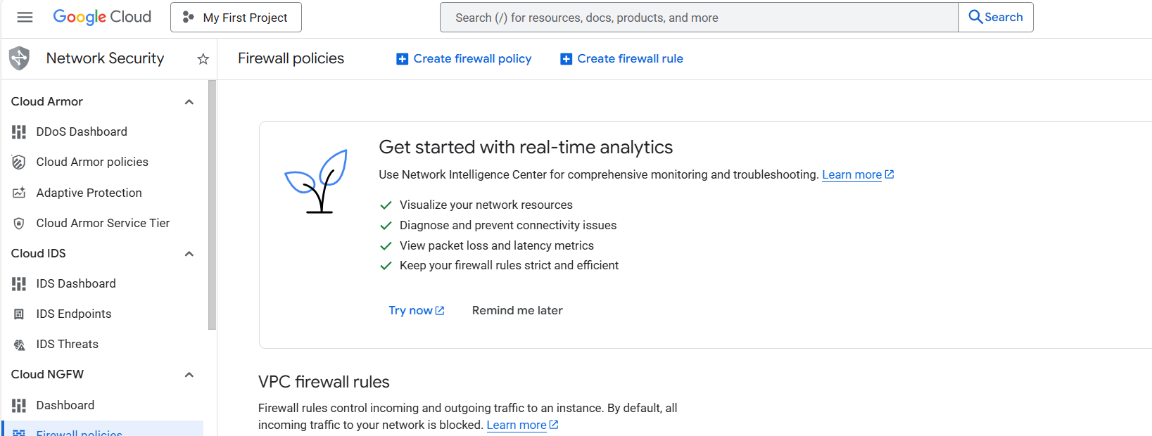 Image Alt Text:Google Cloud Console VPC Network Firewall page showing existing firewall rules and Create Firewall Rule button alt-txt
