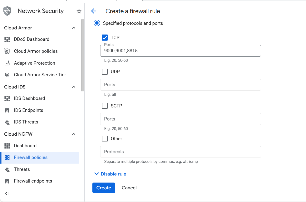 Image Alt Text:Google Cloud Console firewall rule form showing protocols and ports section with TCP selected and ports 9000,9001,8815 specified alt-txt