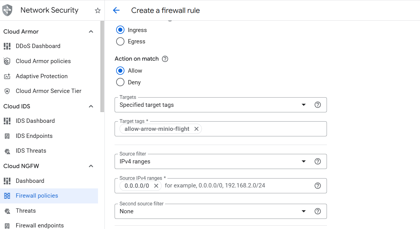 Image Alt Text:Google Cloud Console firewall rule form showing target tags field with allow-arrow-minio-flight entered and source IPv4 ranges set to 0.0.0.0/0 alt-txt
