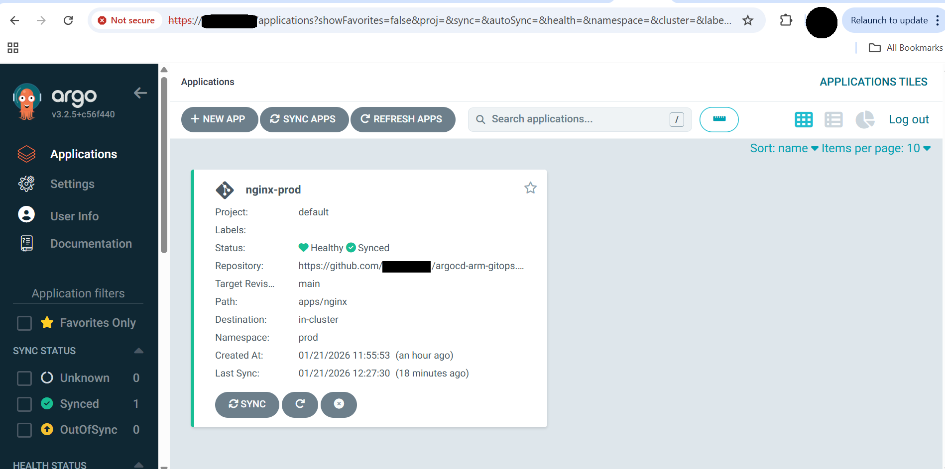 Image Alt Text:Argo CD web interface displaying nginx-prod application card with green Healthy and Synced status badges and deployment details alt-txt