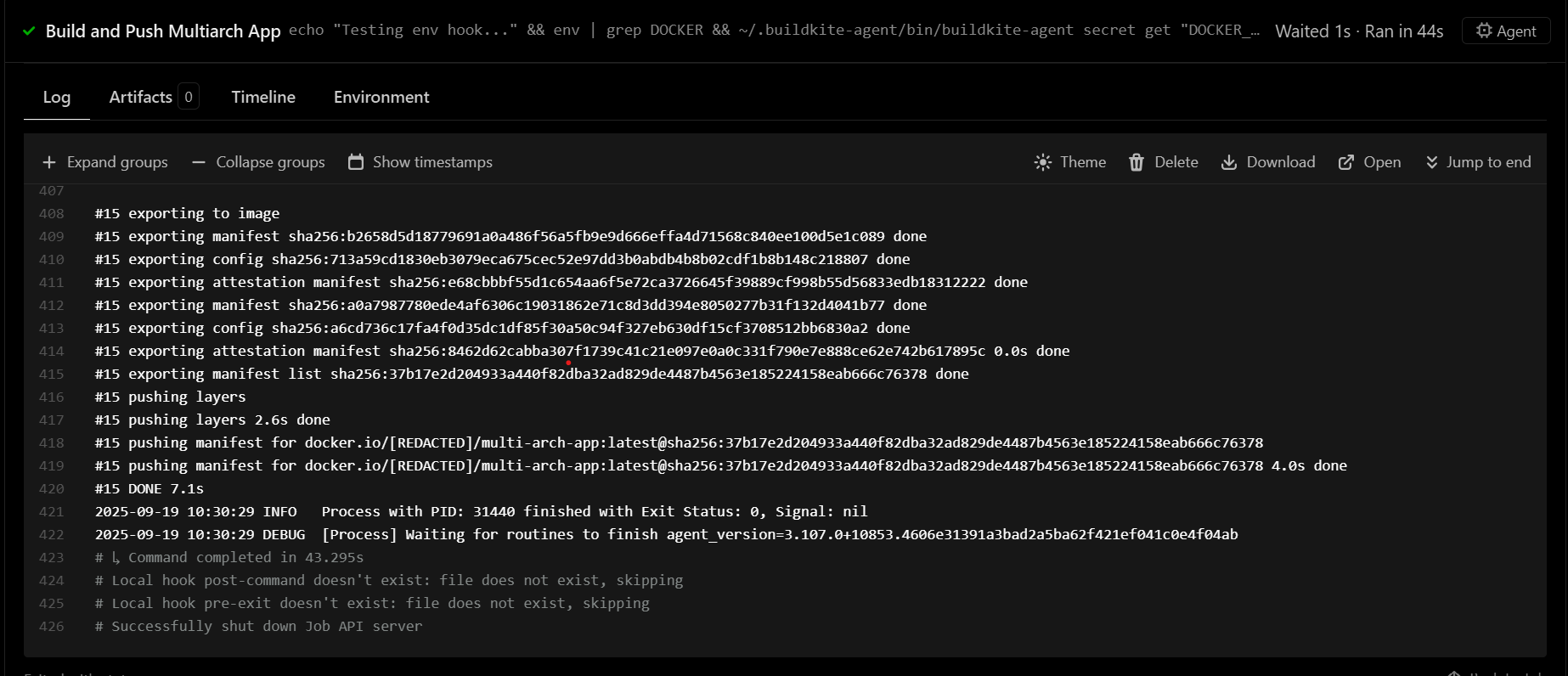 Monitor the build Image Alt Text:Screenshot of the Buildkite dashboard displaying real-time build logs, showing each pipeline step and its status for monitoring progress alt-text