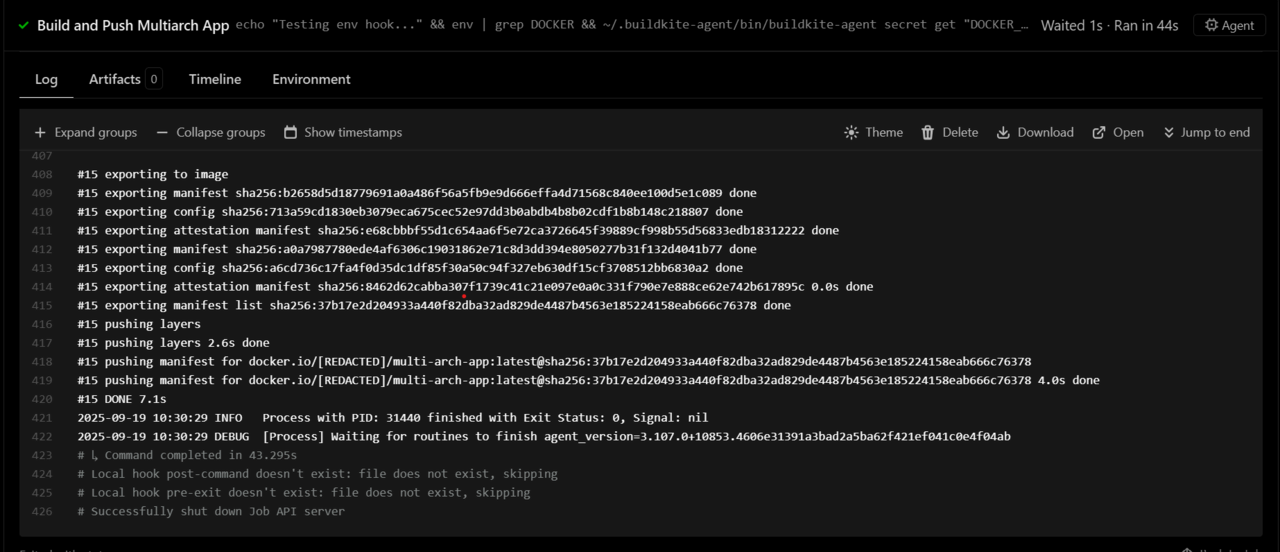 Image Alt Text:Screenshot of the Buildkite dashboard displaying real-time build logs, showing each pipeline step and its status for monitoring progress alt-text