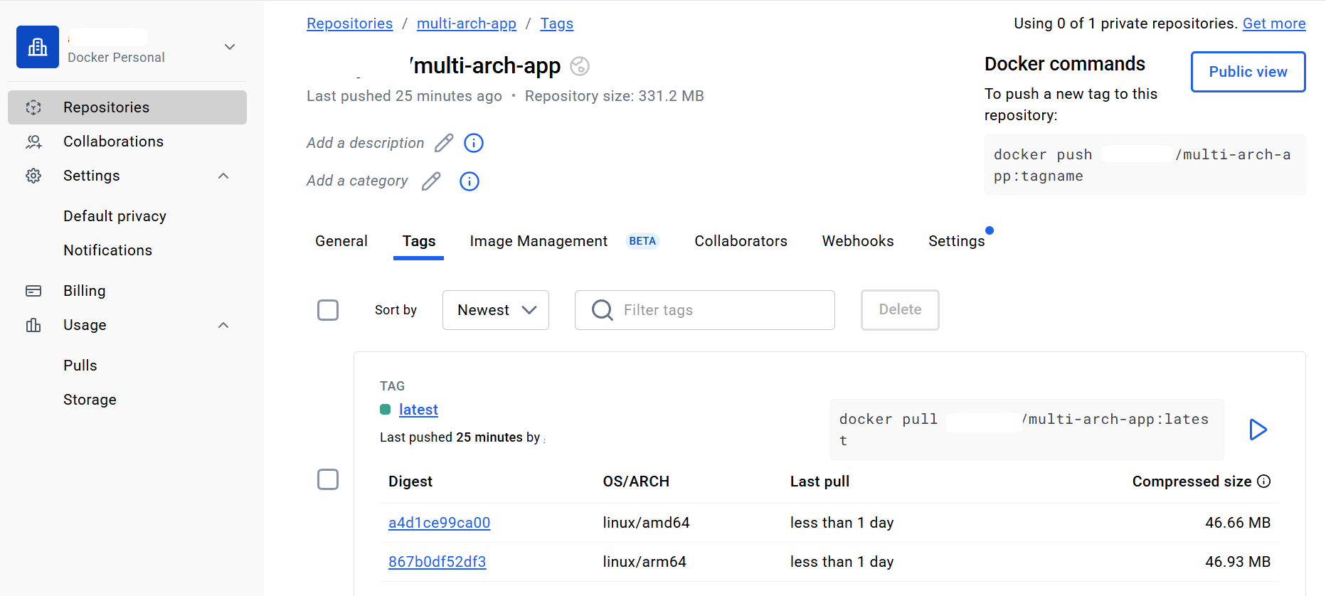 Docker image Image Alt Text:Screenshot of Docker Hub showing the multi-architecture image for the application repository, confirming both arm64 and amd64 platforms are available alt-text