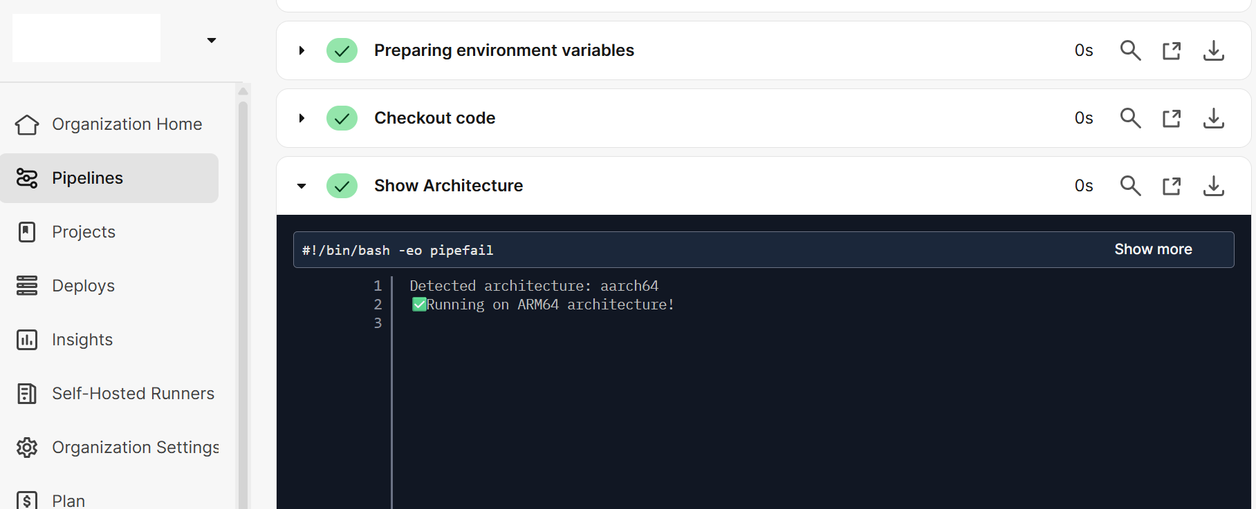 Image Alt Text:CircleCI dashboard showing successful detection of ARM64 architecture. The main panel displays a terminal output with the message Detected architecture: aarch64 and a green checkmark indicating Running on ARM64 architecture. The interface includes navigation menus and job status indicators, conveying a positive and successful workflow execution environment. alt-text