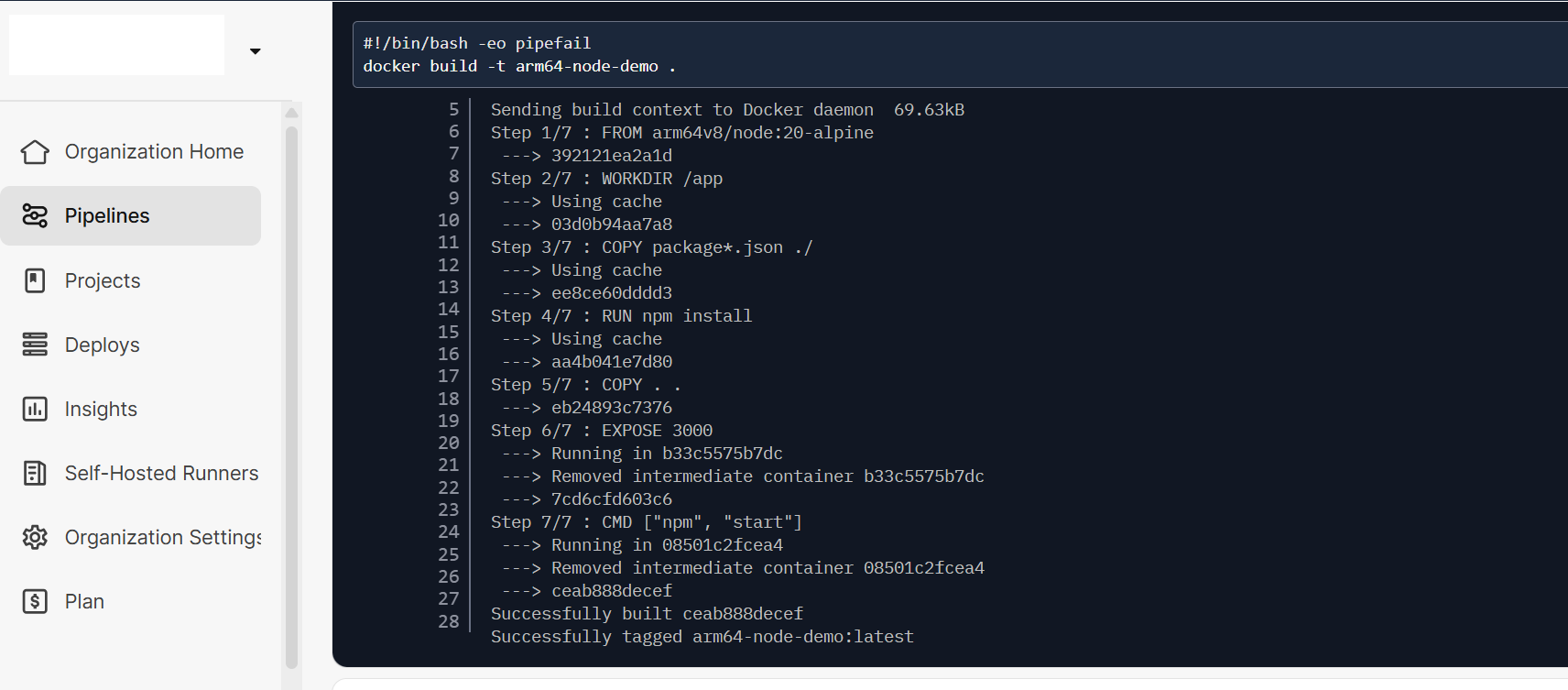 Image Alt Text:CircleCI dashboard displaying the Docker image build stage. The main panel shows terminal output with the command docker build -t arm64-node-demo and progress logs indicating successful build steps. The interface includes navigation menus, job status indicators, and a green checkmark signaling a successful build. The environment appears organized and professional, conveying a sense of accomplishment and progress in the workflow. alt-text