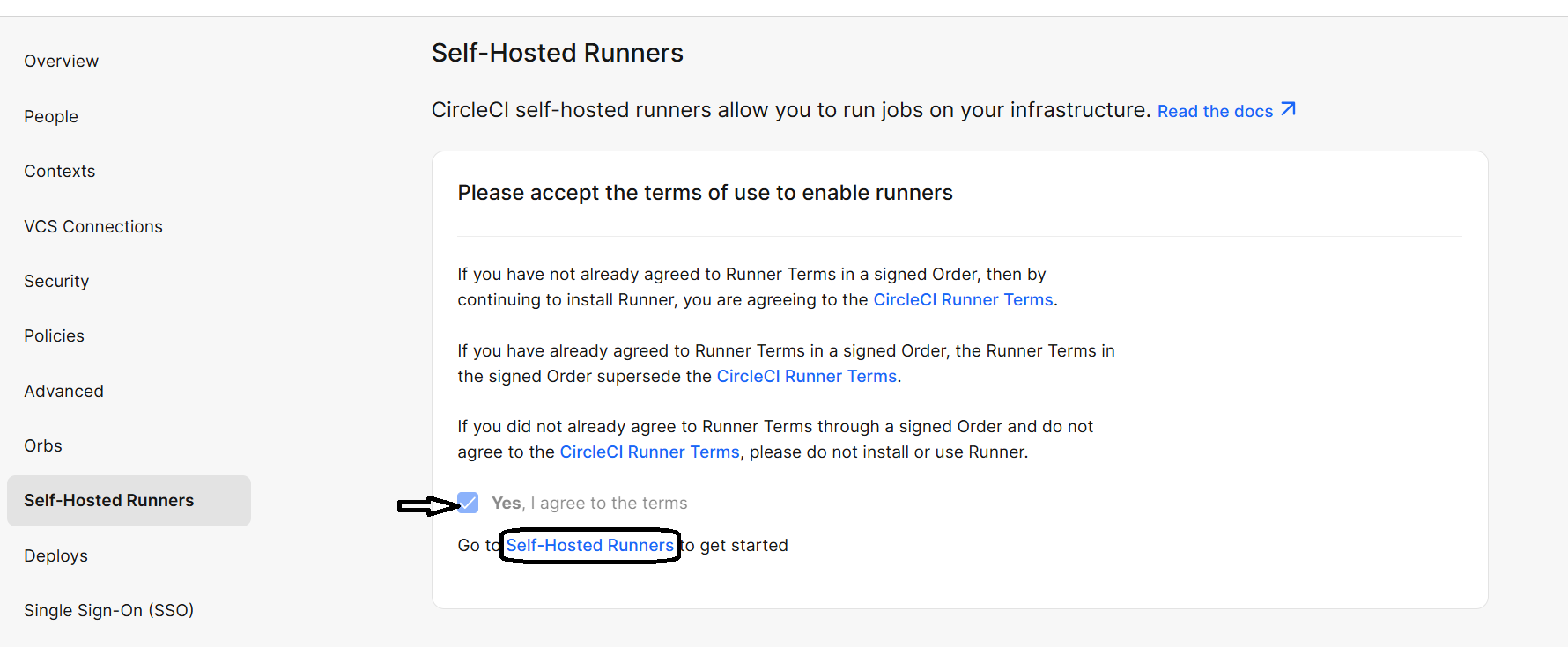 Image Alt Text:CircleCI dashboard showing the Self-Hosted Runners section. The main panel displays options to add a new runner and manage existing ones. The left navigation menu highlights Self-Hosted Runners. The environment is a web interface with a neutral, professional tone. Visible text includes Self-Hosted Runners and related setup instructions. alt-text