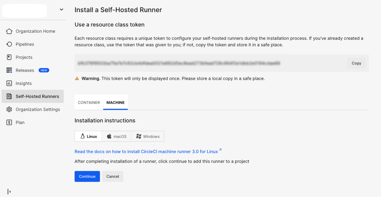 Image Alt Text:CircleCI dashboard displaying the Resource Class Token section. The main panel shows a generated token in a text field labeled Resource Class Token with a Copy button next to it. Instructional text explains that this token is required to register a self-hosted runner. The environment is a clean, professional web interface with a focus on security and clarity. Visible text includes Resource Class Token and instructions to copy and store the token securely. The tone is neutral and informative. alt-text