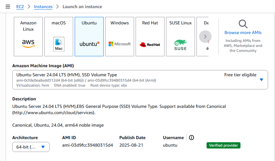 Image Alt Text:AWS Management Console showing the Amazon Machine Image selection screen with Ubuntu 24.04 ARM64 highlighted. The interface displays a list of available AMIs, each with details such as name, architecture, and description. The wider environment includes navigation menus on the left and a search bar at the top. The mood is neutral and instructional, focused on guiding users through selecting an appropriate AMI. Visible text includes Amazon Machine Image, Ubuntu 24.04 ARM64, and related AMI details. alt-text