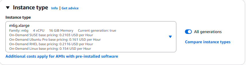 Image Alt Text:AWS Management Console displaying the instance type selection screen with m6g.xlarge highlighted. The primary subject is the list of available EC2 instance types, each showing details such as name, vCPUs, memory, and architecture. The m6g.xlarge row is selected, indicating 2 vCPUs and 8 GB memory, with Arm64 architecture. The wider environment includes navigation menus on the left and a search bar at the top. Visible text includes Instance type, m6g.xlarge, vCPUs, Memory, and Arm64. The tone is neutral and instructional, guiding users to select the correct instance type. #alt-text