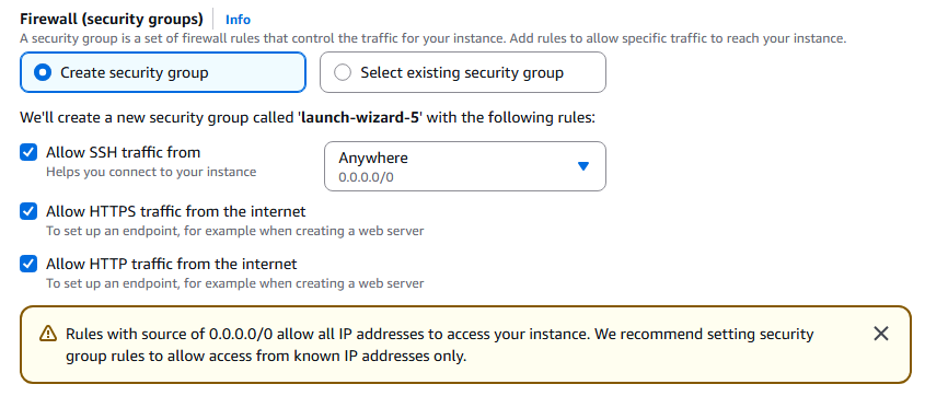 Image Alt Text:AWS Management Console showing the Network settings configuration screen for launching an EC2 instance. The primary subject is the Network settings panel, where the options Allow HTTP traffic from the internet and Allow HTTPS traffic from the internet are both checked. The wider environment includes navigation menus on the left and a summary of instance configuration steps at the top. Visible text includes Network settings, Allow HTTP traffic from the internet, and Allow HTTPS traffic from the internet. The tone is neutral and instructional, guiding users to enable the correct network access for their instance. #alt-text