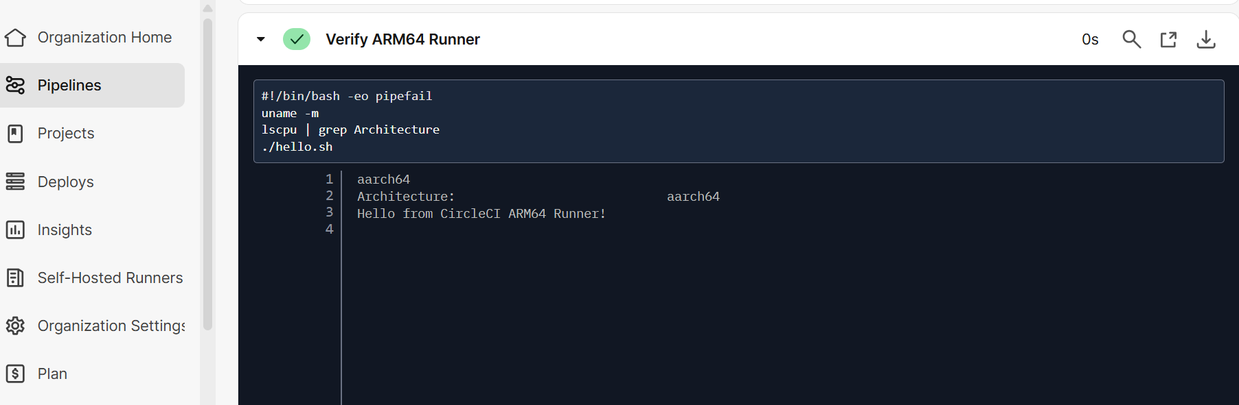 Image Alt Text:CircleCI self-hosted runner dashboard showing a successful Arm64 job execution. The main panel displays job status as successful with green check marks. The sidebar lists workflow steps including checkout, verify Arm64 runner, and run sample computation. The environment is a web interface with a clean, professional layout. The overall tone is positive and confirms successful validation of the self-hosted runner. alt-text