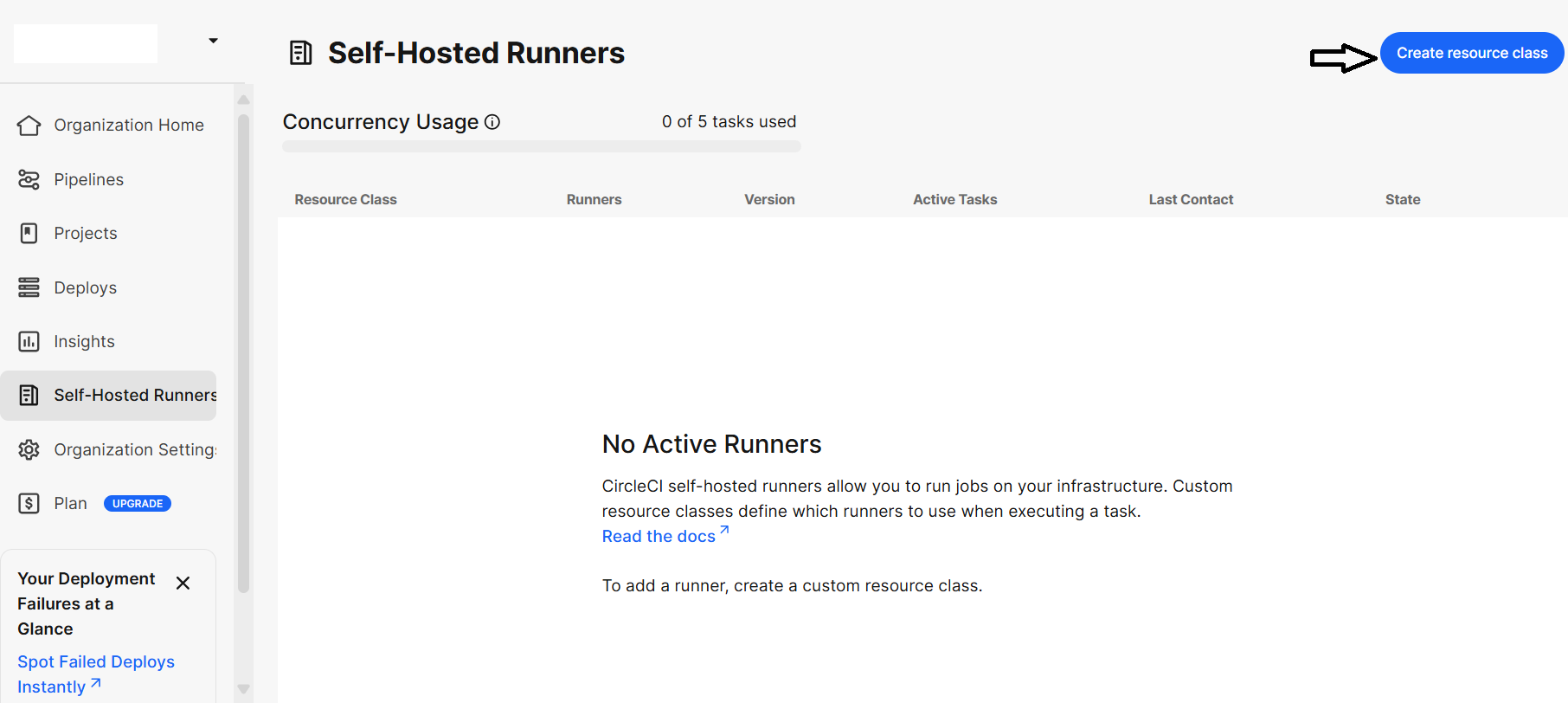 Image Alt Text:CircleCI dashboard showing the Create Resource Class button. The main subject is the Self-Hosted Runners setup screen with a prominent button labeled Create Resource Class. The wider environment includes the CircleCI dashboard interface with navigation sidebar and setup instructions. Visible text: Create Resource Class. The emotional tone is neutral and instructional. alt-text