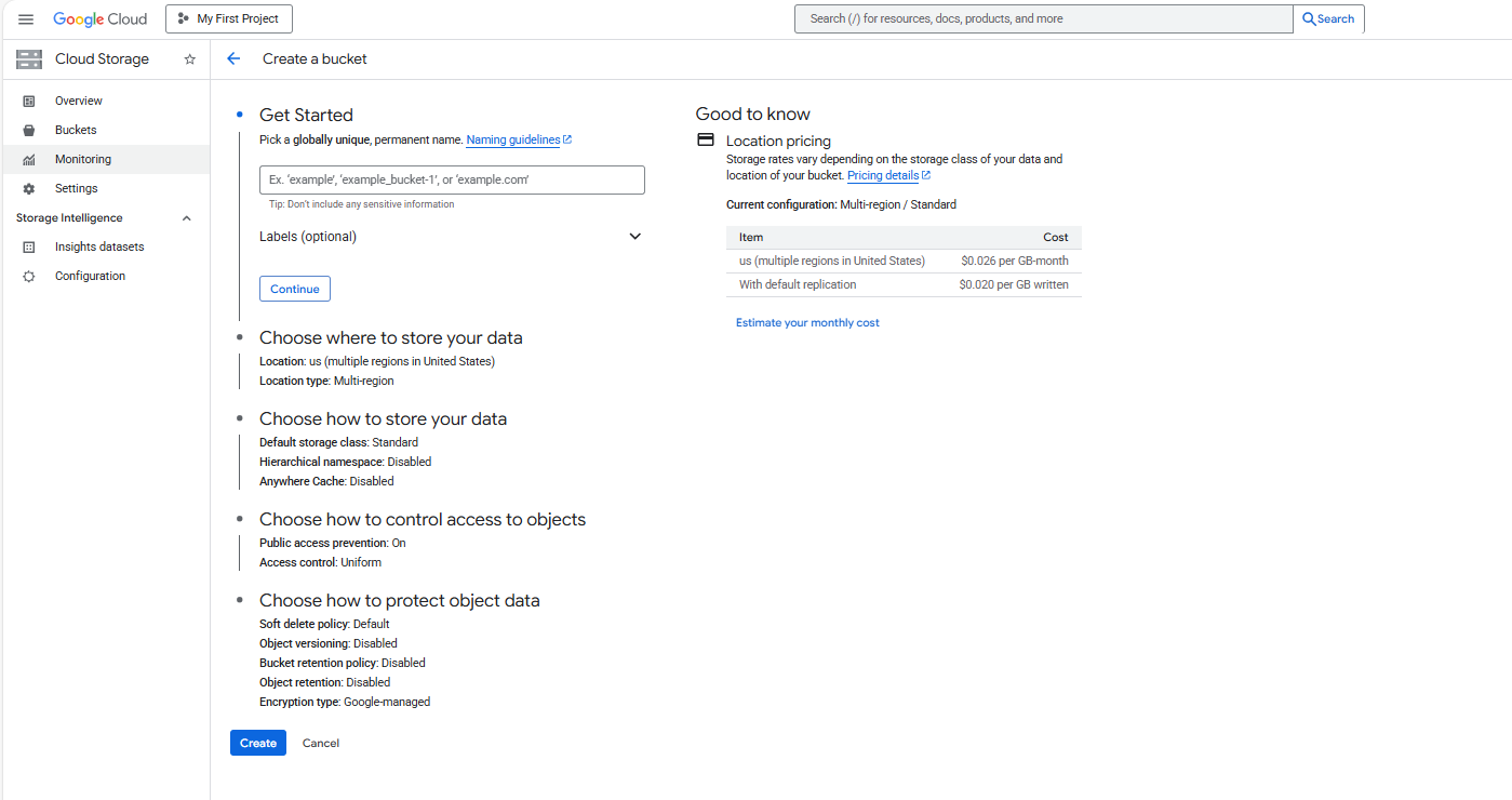 Image Alt Text:Google Cloud Console showing Cloud Storage bucket creation screen with dataflow-temp bucket configured alt-txt