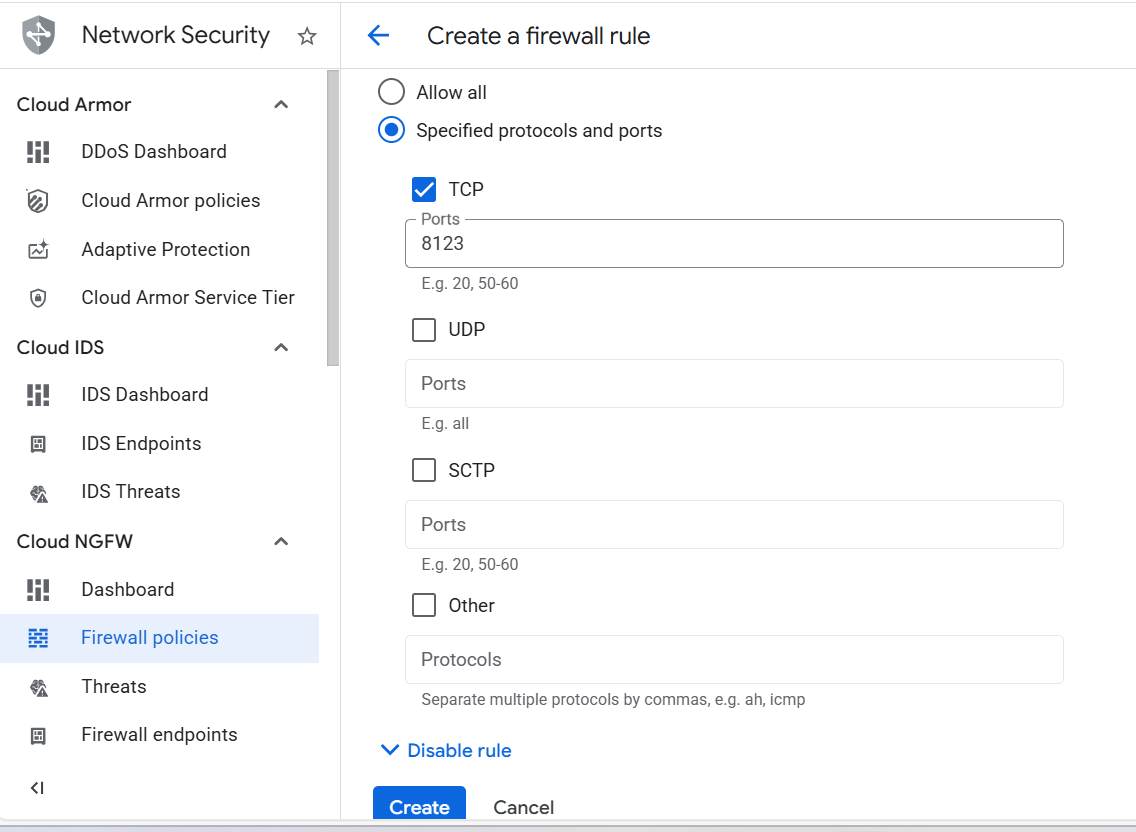 Image Alt Text:Protocols and ports section with TCP checkbox selected and port 8123 entered in text field alt-txt