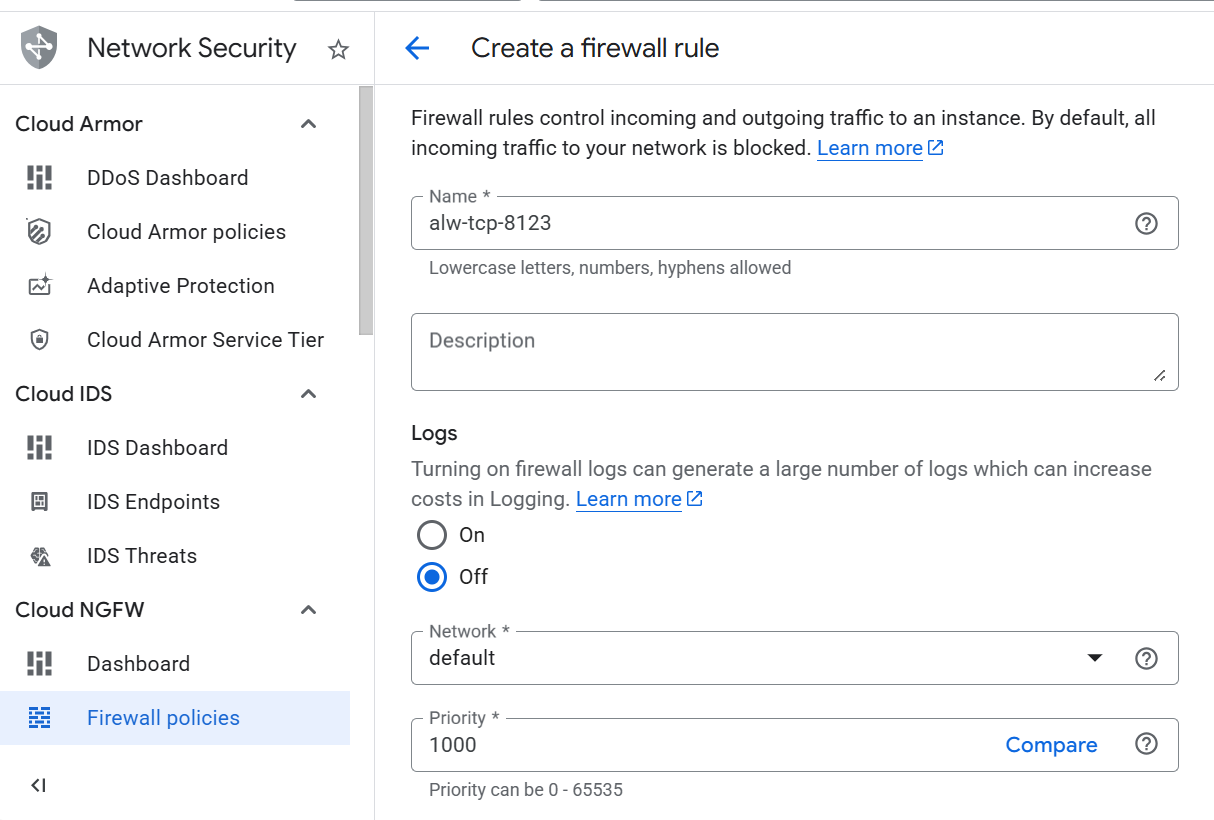 Image Alt Text:Firewall rule configuration screen showing name field and network selection dropdown alt-txt