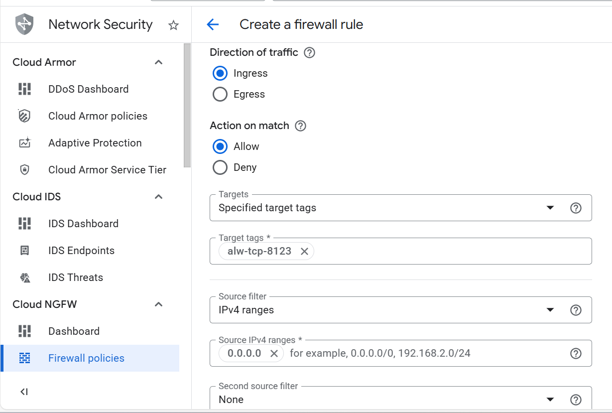 Image Alt Text:Firewall rule settings displaying Ingress direction, Allow action, and source IP range configuration alt-txt