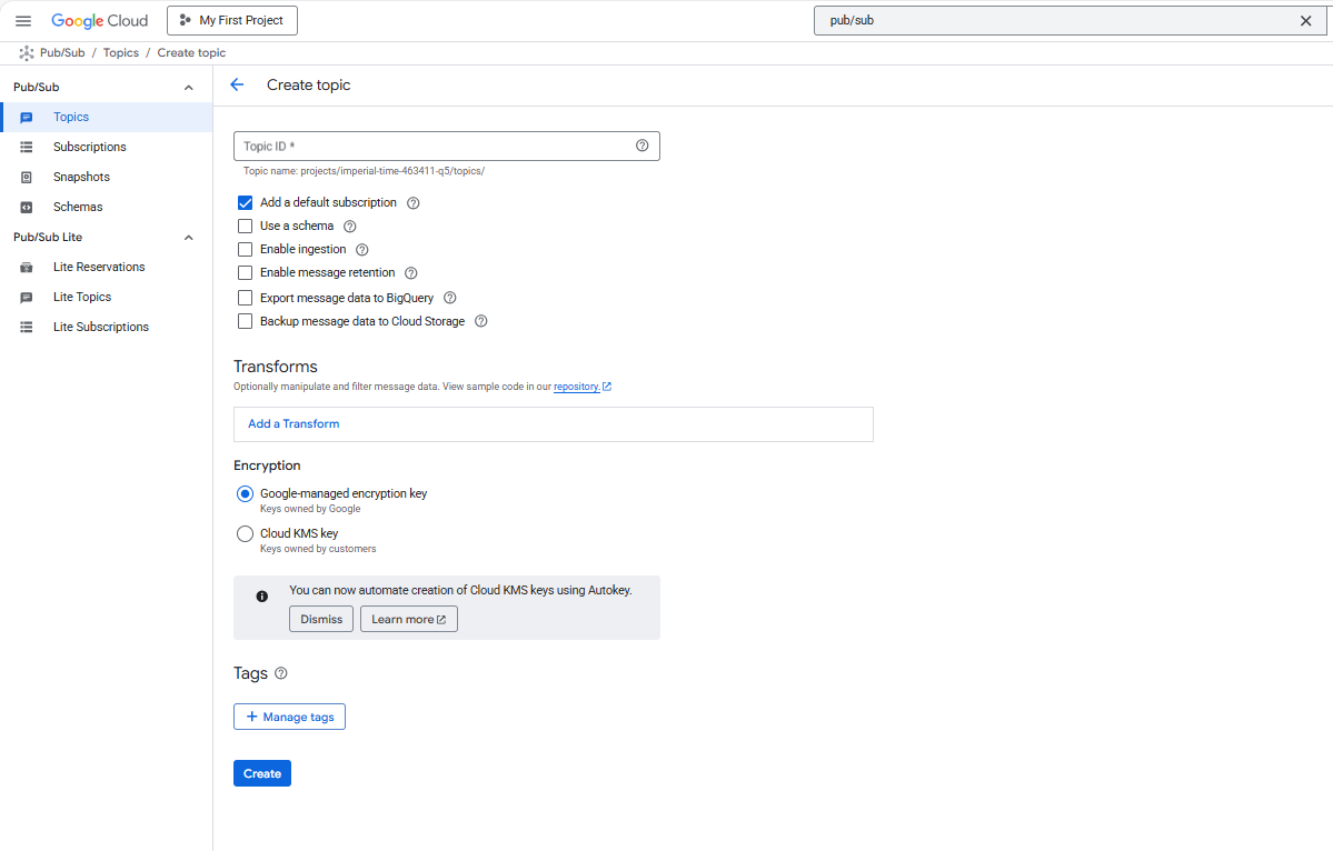 Image Alt Text:Google Cloud Console showing Pub/Sub topic creation screen with logs-topic configured alt-txt