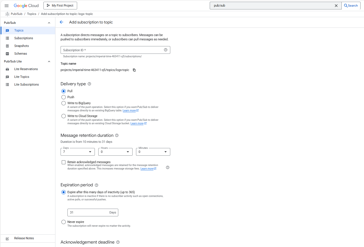 Image Alt Text:Google Cloud Console displaying Pub/Sub subscription configuration screen for logs-sub with Pull delivery alt-txt