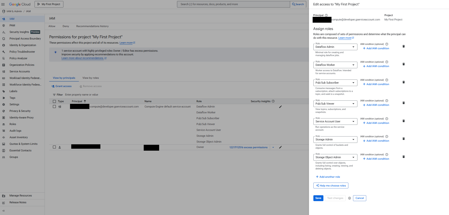 Image Alt Text:Google Cloud Console IAM page displaying assigned roles for Compute Engine service account including Dataflow and Pub/Sub permissions alt-txt