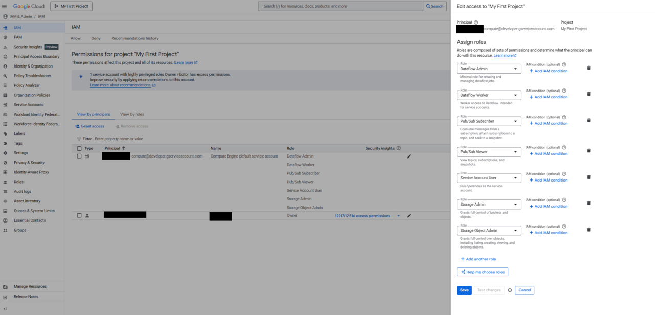 Image Alt Text:Google Cloud Console IAM page displaying assigned roles for Compute Engine service account including Dataflow and Pub/Sub permissions alt-txt