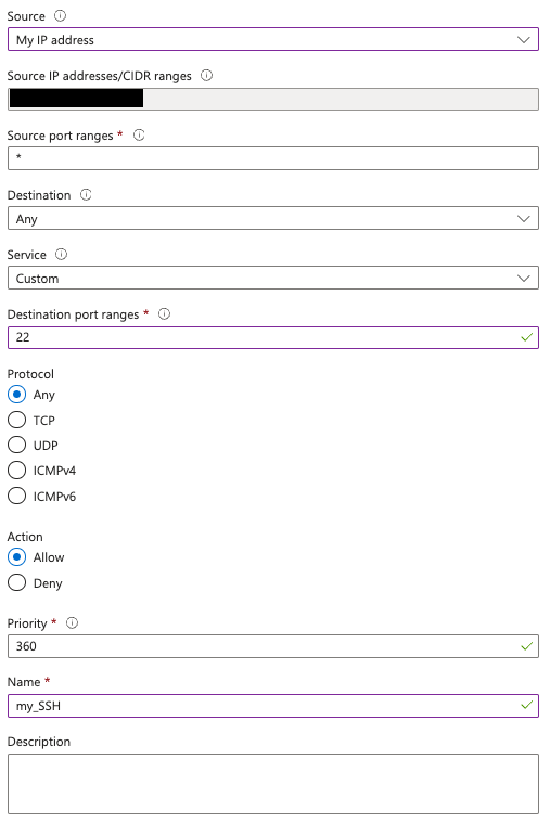 Image Alt Text:Add inbound security rule with source of my IP and destination port 22