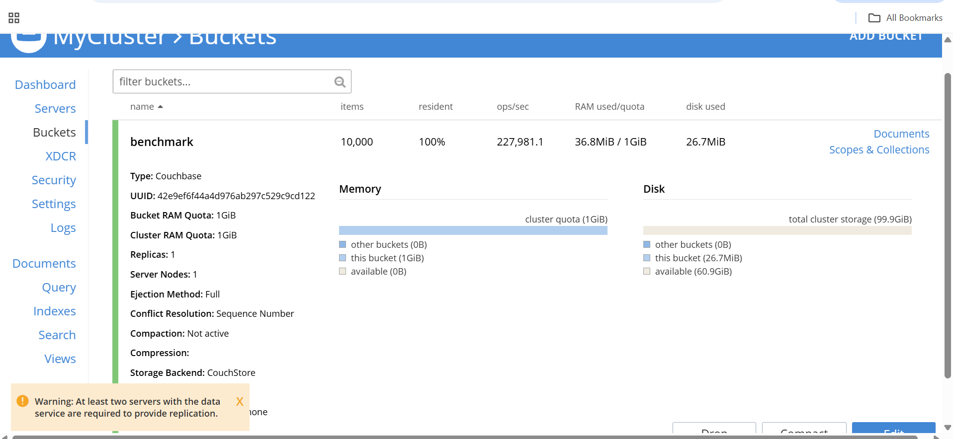 Image Alt Text:Couchbase Dashboard showing benchmark metrics centered on the benchmark bucket. The dashboard displays real-time statistics including operations per second, resident ratio, RAM usage, and disk usage. The environment is a web-based interface with navigation menus on the left and performance graphs in the main panel. Visible text includes Ops/sec 227981.1, Resident Ratio 100 percent, RAM Used 36.8 MiB of 1 GiB, and Disk Used 26.7 MiB. The overall tone is analytical and focused on performance monitoring. alt-text