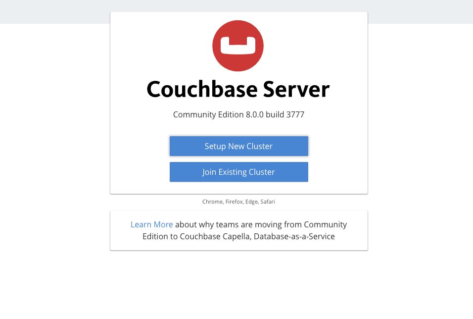 Image Alt Text:Couchbase Web Console setup screen showing fields for cluster name, administrator password, and a button labeled Set up new cluster. The interface is clean and organized with a sidebar on the left and main setup form in the center. The environment appears welcoming and straightforward, designed to guide users through initial cluster configuration. Visible text includes Set up new cluster, Cluster Name, Administrator Password, and Set up new cluster button. alt-text