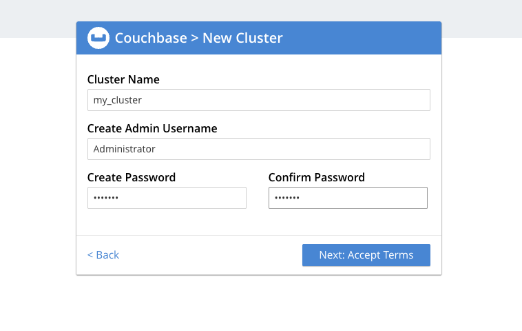 Image Alt Text:Couchbase Web Console showing the cluster creation screen with fields for cluster name and administrator password. The main form is centered with a sidebar on the left. Visible text includes Set up new cluster, Cluster Name, Administrator Password, and Set up new cluster button. The interface is clean and welcoming, designed to guide users through initial cluster setup. alt-text