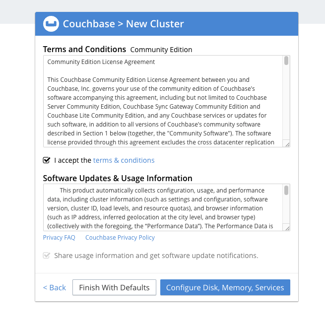 Image Alt Text:Couchbase Web Console showing the Accept Terms screen for cluster setup. The main form displays a checkbox labeled Accept Terms and a button labeled Configure Disk Memory Services. The interface is clean and organized with a sidebar on the left and the setup form centered. Visible text includes Accept Terms and Configure Disk Memory Services. The environment feels welcoming and guides users through the initial configuration process. alt-text