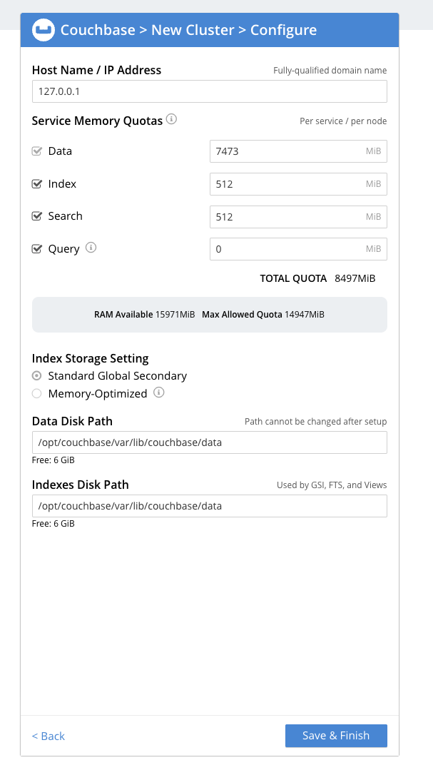 Image Alt Text:Couchbase Web Console showing the final configuration screen for cluster setup. The main form displays fields and buttons for finalizing cluster settings, including disk, memory, and services configuration. The sidebar is visible on the left, and the interface is organized and welcoming, designed to guide users through the last step of cluster setup. Visible text includes Finalize configuration, Configure Disk Memory Services, and Save Finish. The environment feels supportive and clear, helping users complete the initial Couchbase cluster configuration. alt-text
