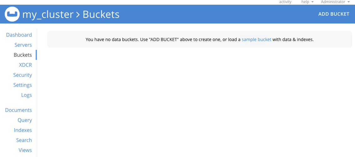 Image Alt Text:Couchbase Web Console showing the Add Bucket screen. The main form displays fields for bucket name, bucket type, and memory quota. The sidebar is visible on the left, and the Add Bucket button is highlighted in the upper right corner. Transcribed text includes Bucket Name, Bucket Type, Memory Quota, and Add Bucket. The interface is organized and welcoming, designed to guide users through bucket creation. The environment feels supportive and clear, encouraging users to set up a new Couchbase bucket for benchmarking. alt-text