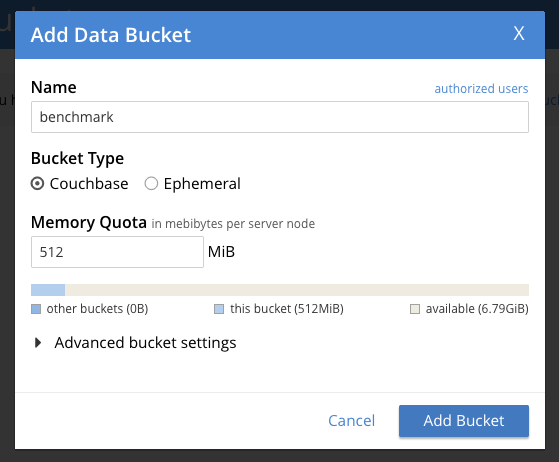 Image Alt Text:Couchbase Web Console displaying the Add Bucket form with fields for Bucket Name, Bucket Type, and Memory Quota. The user is entering benchmark as the bucket name, selecting Couchbase as the bucket type, and setting the memory quota to 512 MB. The Add Bucket button is visible in the upper right corner. The sidebar on the left shows navigation options. Transcribed text includes Bucket Name, Bucket Type, Memory Quota, and Add Bucket. The environment is organized and supportive, guiding users through the process of creating a new bucket for benchmarking. alt-text