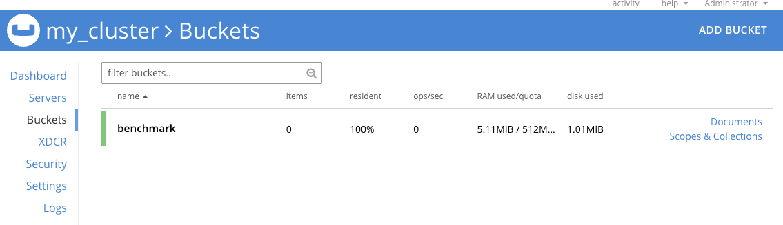 Image Alt Text:Couchbase Web Console showing the newly created benchmark bucket listed under Buckets. The main panel displays a table with columns for Bucket Name, Bucket Type, and Memory Quota. The benchmark bucket appears with type Couchbase and memory quota 512 MB. The sidebar on the left provides navigation options. Visible text includes Bucket Name, Bucket Type, Memory Quota, and benchmark. The environment is organized and supportive, confirming successful bucket creation and encouraging users to continue with benchmarking tasks. alt-text
